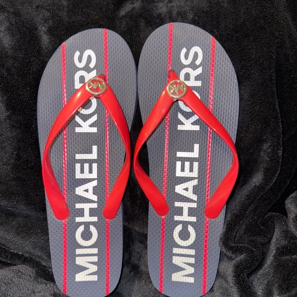 MICHAEL KORS Jinx Logo Striped Flip Flops Red Blue White  Size 11